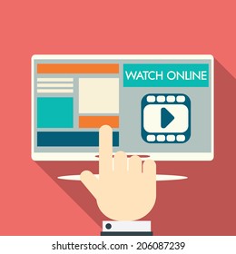 Video stream concept on modern technology devices with responsive flat web design. Eps10 vector illustration.