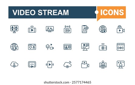Video Stream linear icon collection. Icons stream, music, digital, computer, crop, tv, broadcasting and more. Thin linear style icons. Editable vector outline and solid icons.