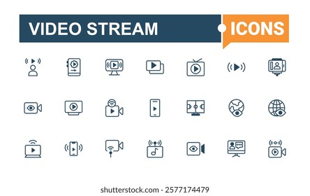 Video Stream linear icon collection. Icons stream, music, digital, computer, crop, tv, broadcasting and more. Thin linear style icons. Editable vector outline and solid icons.