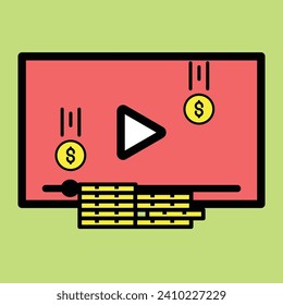 Video stream make money on Laptop Screen. The Icon is suitable for web design, mobile apps, UI, UX, and GUI design.