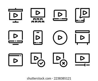 Video and Stream player line vector icons. Online movie, Distance learning and Cinema clip editable stroke outline icon set.