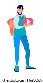 Video Streamer, Vlogger Flat Vector Illustration. Young Man with Backpack Holding Play Button Cartoon Character. Blogger, Online Content Creator. Blogging Business. Travel Vlog Internet Channel