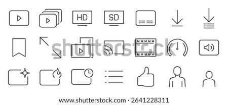 video streaming app icon set. It included clip, series, hd, media and more icons. Editable Vector Stroke.