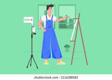 Video streaming con el concepto moderno del blogger. Niña dibuja en lienzo, hace transmisión en línea y crea un tutorial de arte. Ilustración vectorial con escena de personas para diseño de banners web