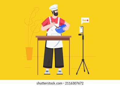 Video streaming with blogger modern flat concept. Happy man cooking dishes at kitchen, makes online broadcast and creates content to blog. Vector illustration with people scene for web banner design