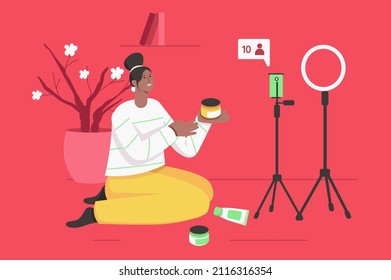 Video streaming con el concepto moderno del blogger. Happy young resume los productos de belleza para el blog y crea contenido para sus seguidores. Ilustración vectorial con escena de personas para diseño de banners web