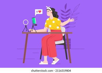 Video streaming with blogger modern flat concept. Happy young girl making live broadcast using smartphone and communicates with followers. Vector illustration with people scene for web banner design