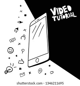 Video streaming, blogging poster concept. Video tutorial hand drawn lettering. Smartphone ink pen sketch. Internet browser doodle icons. E-mail, like buttons. Black and white vector illustration
