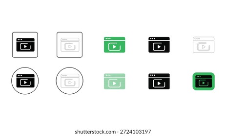 Conjunto de ícones do navegador de streaming de vídeo criado em linha sólida com pontos coloridos pixelados para plataformas de mídia e aplicativos Web.