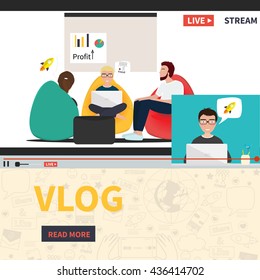 Video streaming business co working process. Watch online videos. Poster suitable for infographics, presentation or advertising. Vector illustration.