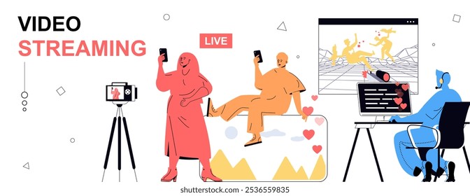 Video streaming concept in flat cartoon design for web banner. People creating blog content, doing game live streaming, followers watching blogger translation or new videos. Vector illustration.