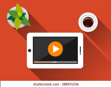 Video Streaming concept illustration flat design with long shadow. Watching video on tablet. Play button. 