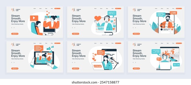 Video streaming concept of landing page with slide templates set in flat design. Website headers with people watching blogger live translation or video, record content in blogs. Vector illustrations.