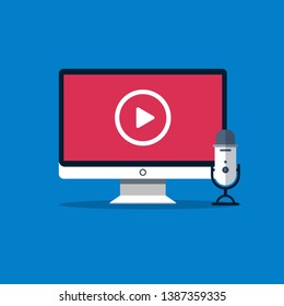 Video streaming concept. Microphone, streaming service. Livestreaming, cybesport, videogames, entertaiment, show. Flat style icon set, vector illustration.