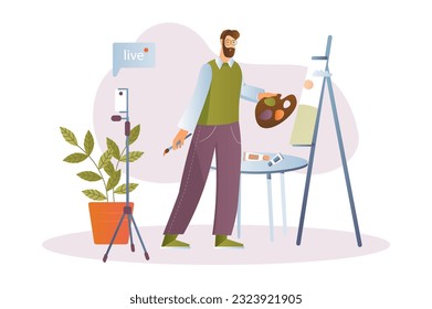 Concepto de transmisión de video con la escena de la gente en el estilo de dibujo plano. El artista realiza una transmisión en vivo mientras pinta la foto. Ilustración vectorial.