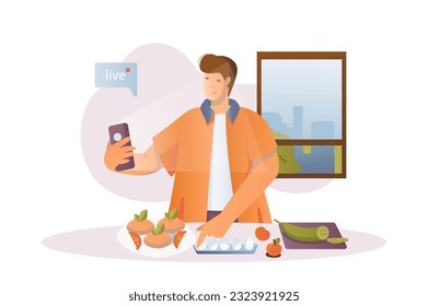 Video streaming concept with people scene in the flat cartoon style. A man films the process of preparing a new dish on video. Vector illustration.