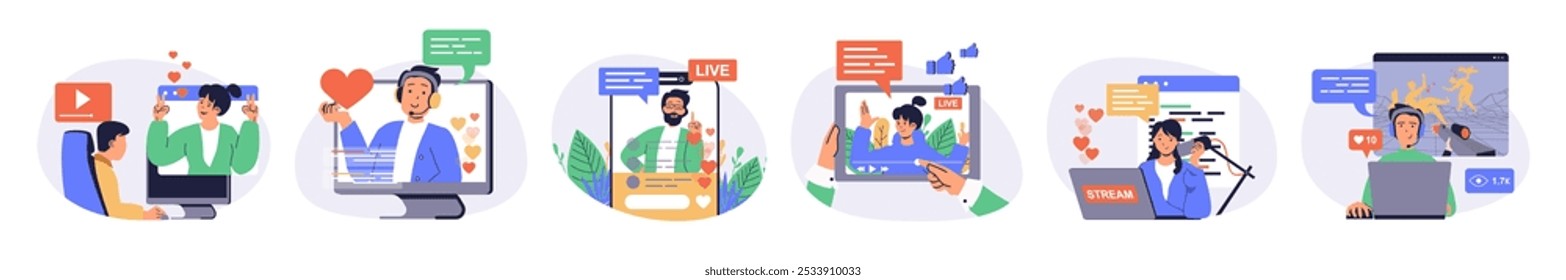 Video streaming concept set with characters in flat design for web. People watching blogger live translation or video, following, creating blog contents and record podcasts. Vector illustrations.