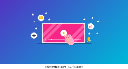 Video streaming, video content development, video marketing, video ad services, pay per view - conceptual vector illustration background with icons