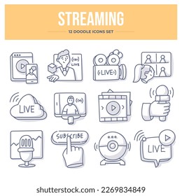 Video streaming doodle icon collection includes icons related to live streaming, video production and sharing, subscriptions, streaming devices, podcasting and more