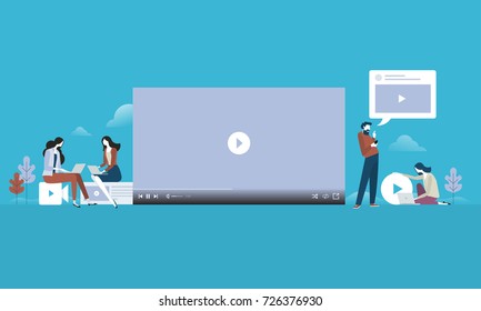 Video streaming. Flat design people and technology concept. Vector illustration for web banner, business presentation, advertising material.