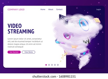 Video Streaming Isometric Landing Page, Movie And Cinema Industry Attributes Flying In Huge Thunderstorm Funnel On Night Starry Sky Background. Internet Film Service 3d Vector Illustration, Web Banner