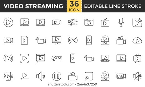 Video Conjunto de iconos de línea de transmisión. Colección de iconos de trazo editables de píxel perfecto y contorno para transmisión en vivo, Web Video, transmisión, transmisión, podcast, televisión, deporte, pantalla del dispositivo, película