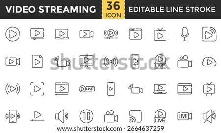 Video Streaming Line Icon Set. Pixel perfect and Outline Editable Stroke Icons collection for Live, Web Streaming, Video Streaming, Broadcasting, Podcast, Television, Sport, Device Screen, Film