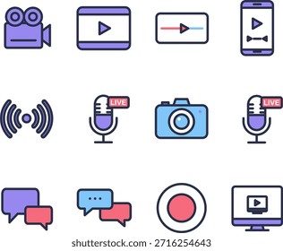 Video Conjunto de iconos de transmisión en vivo y transmisión en vivo, medios, grabación y comunicación. Conjunto de íconos de Vector Video plano con transmisión, transmisión en vivo, grabación y comunicación digital. Video Incluye íconos para la cámara, Botones de reproducción, micrófono en vivo, señal inalámbrica, Fotografía, mensajes de chat, Botón de grabación y pantallas de reproductor multimedia. Video Ideal para plataformas, App de streaming, podcasts, reuniones en línea, redes sociales, diseño de UI UX y proyectos de medios digitales.