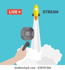 Video streaming on 360 degree camera. Watch online videos poster suitable for infographics, presentation or advertising. Vector illustration.