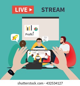 Video streaming on smartphone. Business co working process. Watch online videos poster suitable for infographics, presentation or advertising. Vector illustration.
