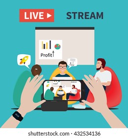 Video streaming on smartphone. Business co working process. Watch online videos poster suitable for infographics, presentation or advertising. Vector illustration.