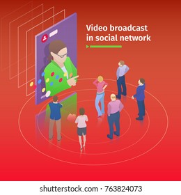 Video streaming on smartphone. Flat 3d isometric design concept. People watch a video broadcast on the screen. Video broadcast in social network. Watch online videos. Vector illustration.