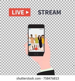 Video streaming on smartphone on transparent background. Watch online videos poster suitable for infographics, presentation or advertising. Vector illustration.