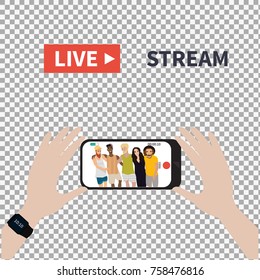 Video streaming on smartphone on transparent background. Watch online videos poster suitable for infographics, presentation or advertising. Vector illustration.