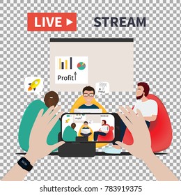 Video streaming on smartphone on transparent background. Watch online videos poster suitable for infographics, presentation or advertising. Vector illustration.