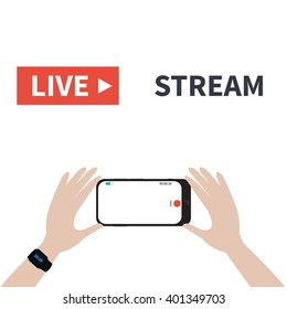 Transmisión de video en smartphone. Vea el afiche de videos en línea adecuado para infografías, presentaciones o publicidad. Ilustración vectorial.