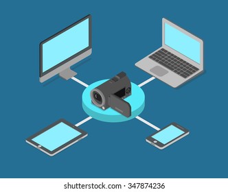 Video Streaming Online Internet Media Flat 3d Isometry Isometric Web Site Concept Vector Illustration. Camcorder Connected To Different Devices Computer Laptop Tablet Smartphone.