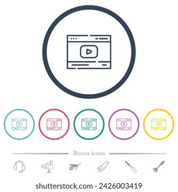Video streaming outline flat color icons in round outlines. 6 bonus icons included.
