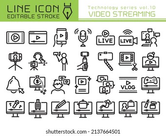 Video streaming vector icon set. Editable line stroke.