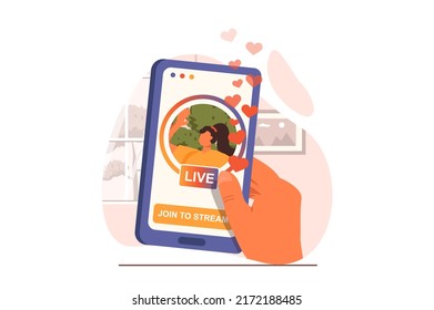 Video streaming web concept in flat design. Follower watches live stream of blogger and presses on touchscreen of smartphone. Blogging and social networks. Vector illustration with people scene