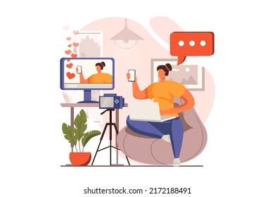 Video streaming web concept in flat design. Woman making review of new smartphone in live stream. Followers watch broadcast. Blogging and social networks. Vector illustration with people scene