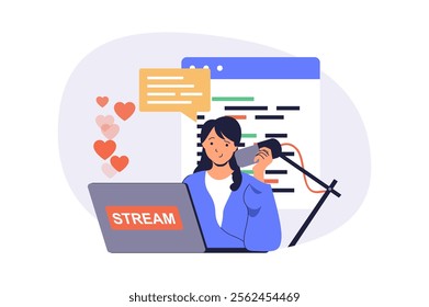 Video streaming web concept with flat cartoon people for website design. Woman talking to microphone and making live broadcast, creating blog content with news and followers chat. Vector illustration.