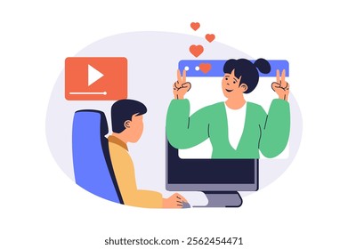 Video streaming web concept with flat cartoon people for website design. Man watching live broadcast from online blog and following streamer, putting likes and subscription. Vector illustration.