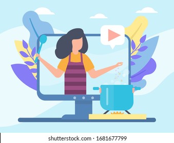 Videofilmación en línea de formación de cocineros ilustración vectorial de las niñas enseñando el curso de cocina de las tecnologías de los medios sociales. Personas y multimedia, tutoriales de video y televisión.