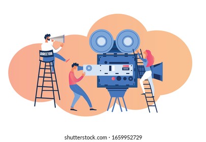 Video Studio Interior with Operator Shooting Actress Climbing Upstairs by Ladder, Director Sitting on High Stool with Loudspeaker Controlling Moviemaking Process. Cartoon Flat Vector Illustration.