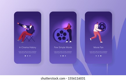 Video Studio Movie Shooting Mobile App Page Onboard Screen Set. Director Sitting on Stool with Loudspeaker Control Moviemaking Process Concept for Website or Web Page. Cartoon Flat Vector Illustration