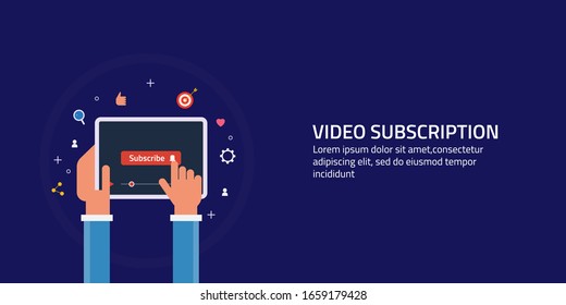 Video-Abonnementkonzept, Video-Kanal abonnieren, Video-Inhalte in sozialen Medien - Vektorillustration mit Symbolen und Texten