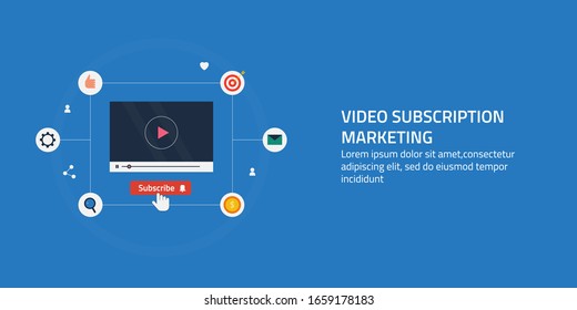 Video subscription, Online video channel, Social media Video marketing - conceptual vector banner with icons and texts