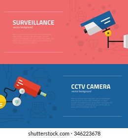 Video surveillance banners. Security cameras and monitoring concept. CCTV icons made in modern flat style. Vector flyers template. 