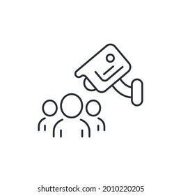 Video surveillance camera and a group of people. Control and management. Vector linear icon isolated on white background.